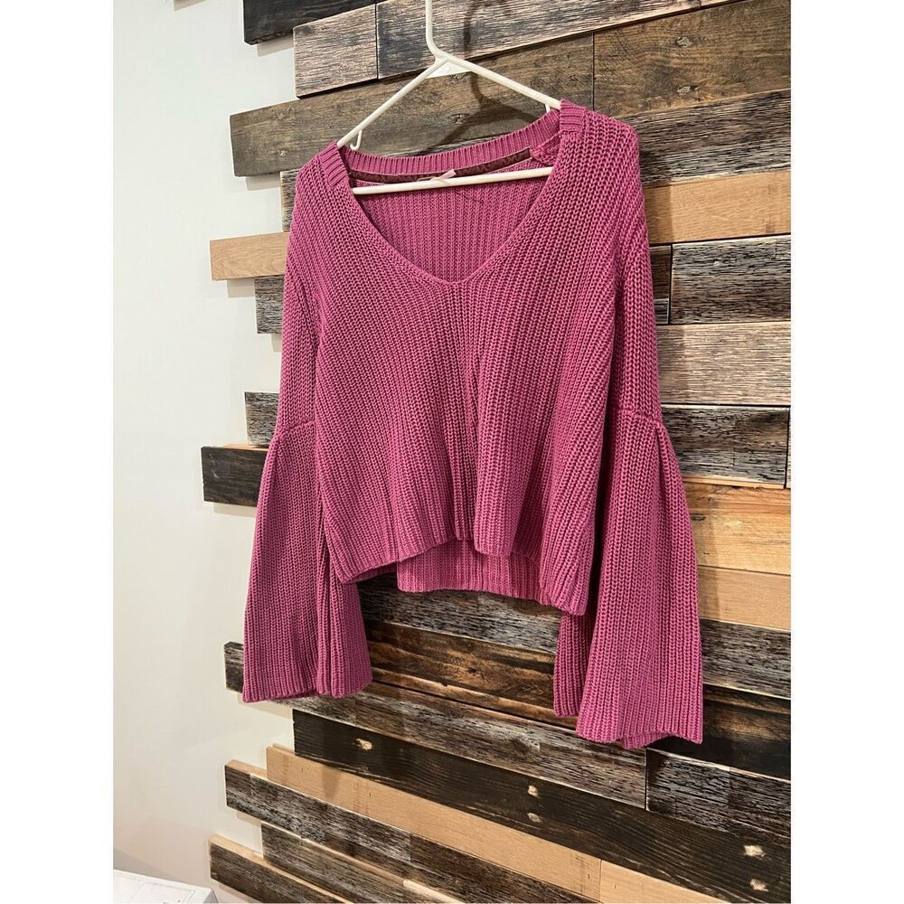 FREE PEOPLE Rose Pink Damsel Bell Sleeve Cotton V-neck Sweater M - Picture 4 of 11